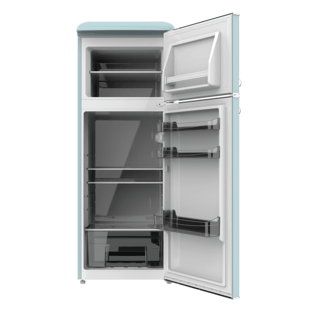 Bolero CoolMarket 2D Origin 215 Blue E Frigorífico Retro con capacidad de 215L, clase E, Luz interior, tirador cromado, bandejas cristal y control de temperatura.