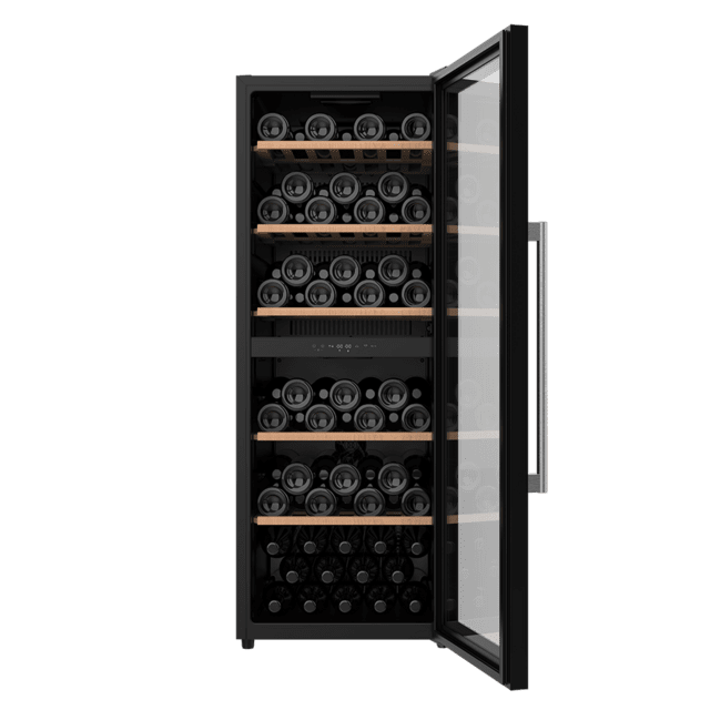 Bolero GrandSommelier Duo 77000 Black Vinoteca de 77 botellas de capacidad con sistema compresor de enfriamiento que garantiza un alto rendimiento, ofreciendo una doble zona, tanto para vino tinto, como blanco o champagne.