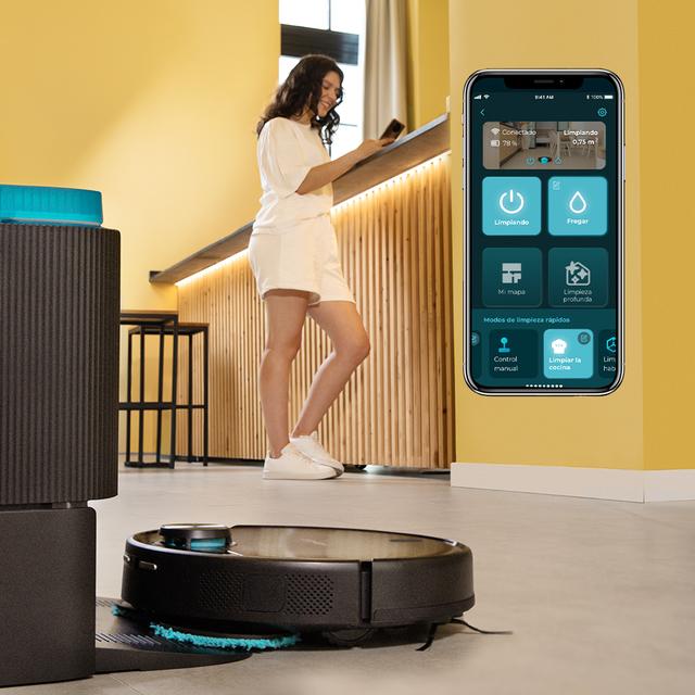 Conga 11090 Spin Revolution Home&Wash T Robot aspirador con Base 4 en 1 (autovaciado de polvo y limpieza de mopas). Cuenta con tecnología láser. Cepillo multifunción. Mopas giratorias.