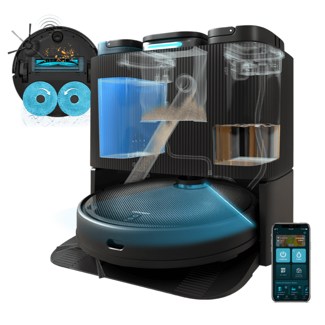 Conga 11090 Spin Revolution Home&Wash T Robot aspirador con Base 4 en 1 (autovaciado de polvo y limpieza de mopas). Cuenta con tecnología láser. Cepillo multifunción. Mopas giratorias.