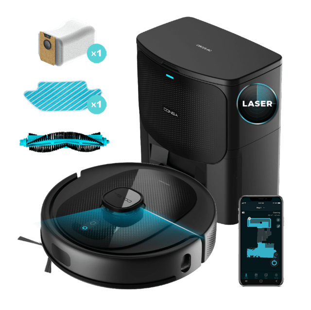 Conga 7490 Immortal Home Genesis Robot aspirador con navegación láser y base de autovaciado. 4 en 1: barre, aspira, friega y pasa la mopa. Potencia de succión de 2600 Pa. 120 minutos de autonomía.