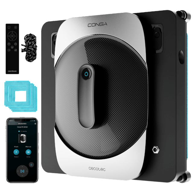 Conga Windroid 1290 DoubleSpray Connected T Robot limpiacristales inteligente con diseño cuadrado para llegar a todas las esquinas, doble spray de agua, mando a distancia y APP.