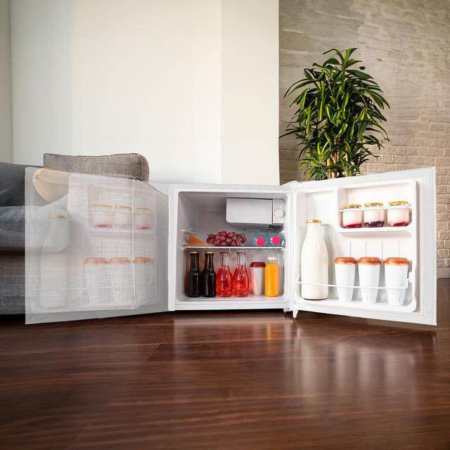 GrandCooler 20000 SilentCompress White E Mini Frigorífico blanco, compartimento congelador interior, capacidad de 46 Litros, 48,7 de ancho y 48 cm de alto, puerta reversible, funcionamiento cíclico, clase energética E