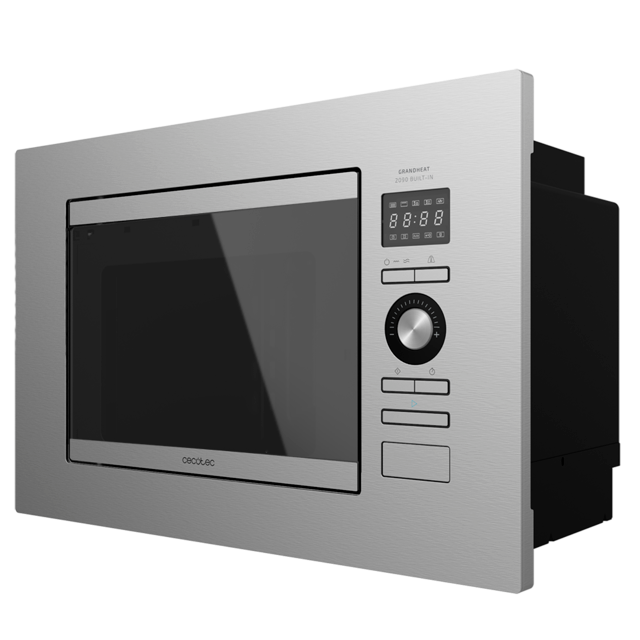 GrandHeat 2090 Built-In Steel. Microondas encastrable Digital con 800W de potencia, Capacidad 20 Litros, Grill, 5 Niveles, 8 Funciones preconfiguradas, Temporizador