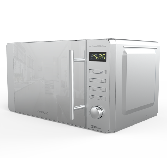 ProClean 5020 Mirror. Microondas de 700 W, Capacidad 20 L, Revestimiento Ready2Clean para mejor limpieza, Tecnología 3DWave, Diseño Efecto Espejo, Tirador Inox, 8 programas