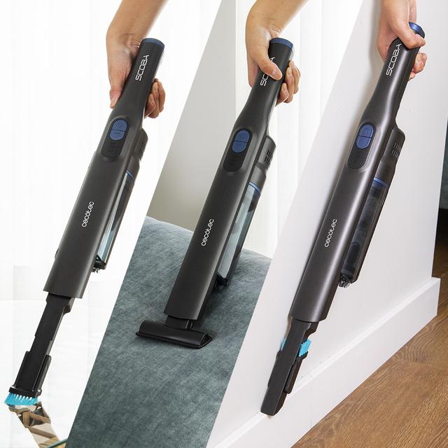 Scoba 2100 Twice Animal Aspirador vertical con diseño ultraligero (menos de 1 kg en mano y 1,6 kg entero) y cabezal omnidireccional con doble cepillo que permite movimientos laterales y circulares para una limpieza ágil y cómoda.