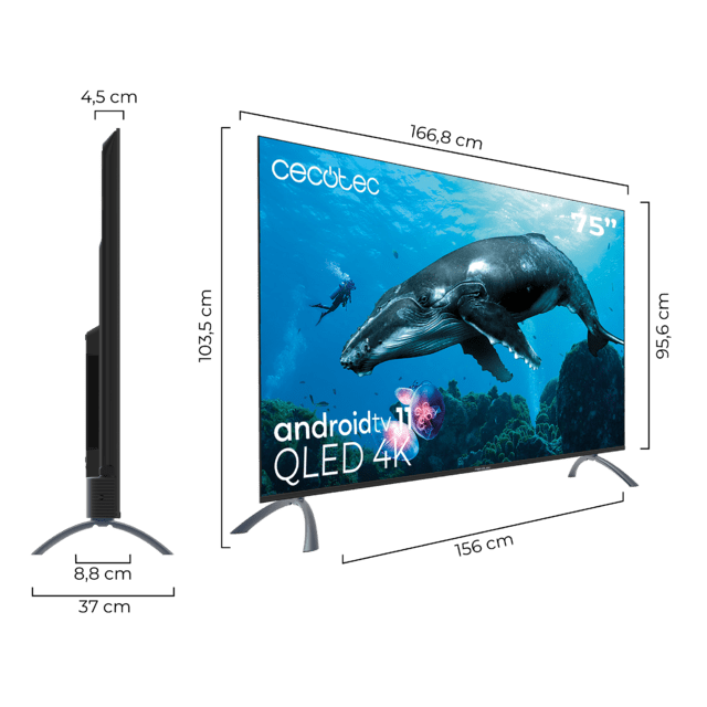 TV QLED V2 series VQU20075 Televisión QLED de gran pulgada de 75" con resolución 4K UHD, Android TV 11, Wide Colour Gammut, Dolby Vision & Atmos, MEMC, HDR10, HDMI 2.1, USB 3.0,
