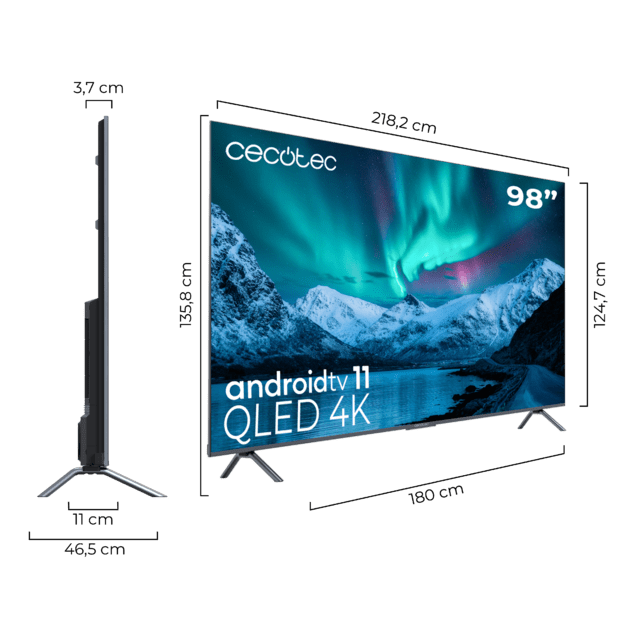 TV QLED V3+ series VQU30098+ M Televisión QLED de gran pulgada con 98" resolución 4K UHD y Android TV 11, Full Array Local Dimming, 120 Hz, Altavoces con 60W, Dolby Vision & Atmos, Wide Colour Gamut, HDR10, HDM 2.1, USB