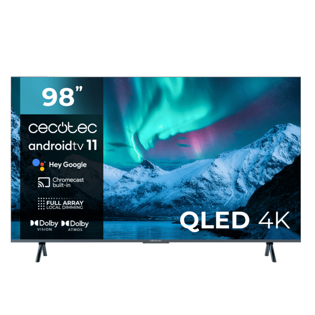 TV QLED V3+ series VQU30098+ M Televisión QLED de gran pulgada con 98" resolución 4K UHD y Android TV 11, Full Array Local Dimming, 120 Hz, Altavoces con 60W, Dolby Vision & Atmos, Wide Colour Gamut, HDR10, HDM 2.1, USB