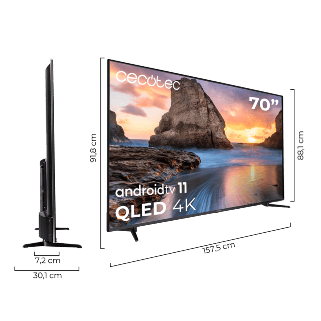 TV V1+ series VQU11070+ M Televisión QLED 70” con resolución 4K UHD, sistema operativo Android TV 11, subwoofers, Chromecast, HDR10+, Google Voice Assistant, clase E.