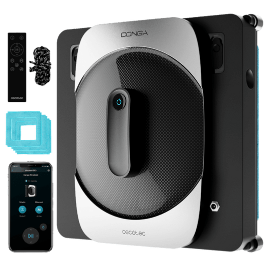 Conga Windroid 1290 DoubleSpray Connected T Robot limpiacristales inteligente con diseño cuadrado para llegar a todas las esquinas, doble spray de agua, mando a distancia y APP.