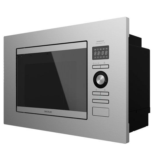 GrandHeat 2090 Built-In Steel. Microondas encastrable Digital con 800W de potencia, Capacidad 20 Litros, Grill, 5 Niveles, 8 Funciones preconfiguradas, Temporizador