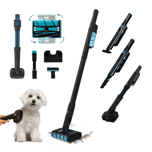 Scoba 2100 Twice Animal Aspirador vertical con diseño ultraligero (menos de 1 kg en mano y 1,6 kg entero) y cabezal omnidireccional con doble cepillo que permite movimientos laterales y circulares para una limpieza ágil y cómoda.